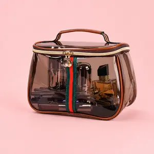 New Retro Vintage Vanity Bag, Vintage Makeup Bag, Ladies Large Capacity Makeup Organizer, Waterproof Transparent with Zipper Toiletry Bag, Women Ladies Travel Storage Case (Transparent brown) outdoorfun