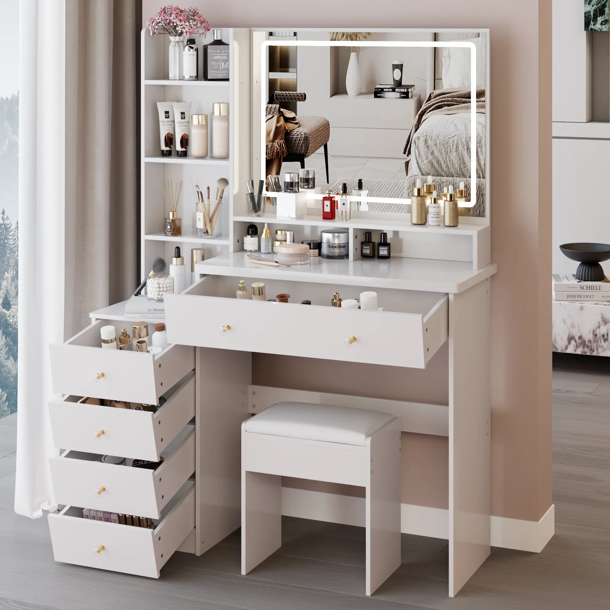 41" Large Makeup Vanity Desk with Large Mirror and Lights, Vanity Table Set with 5 Drawers, Dressing Table with Storage Shelves and Cushioned Stool, 3-color Switch, EPA, GCC, UL Certificate, White
