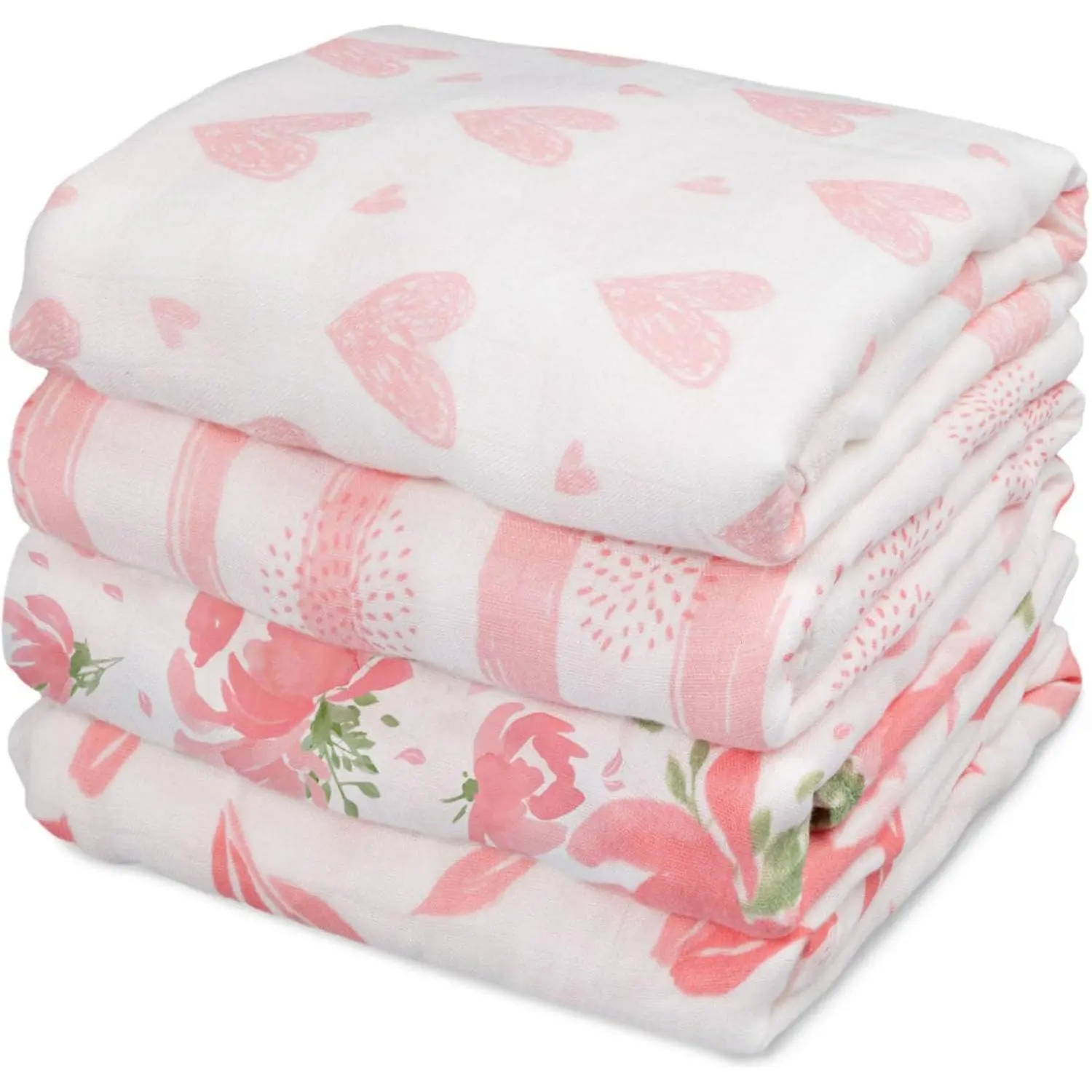 BABY Muslin Swaddle Blankets 4-Pack Breathable Receiving Blankets (35" x 40") Soft Baby Blankets for Girls and Boys Newborn Essentials Muslin Burp Cloths Swaddle Wrap Baby Gift (Flower)