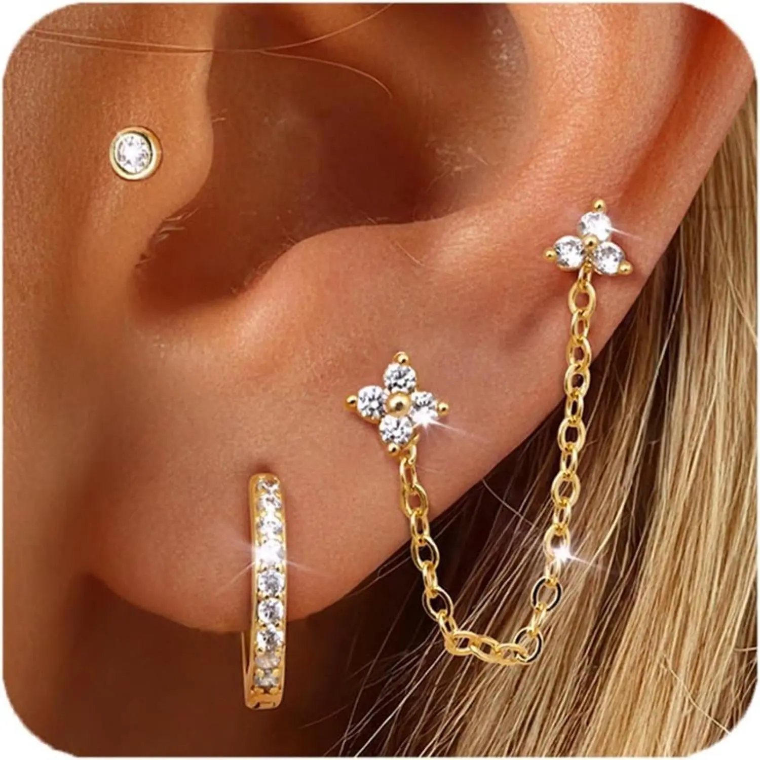 YADOCA Women's 14-Carat Gold-Plated 925 Sterling Silver Earring Stacking Set - Hypoallergenic Hoop, Stud, Cartilage Pieces, Dainty Flower Chain, AAA+ CZ Shine for Adults' Sensitive Ears, Everyday Wear, Anniversary
