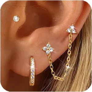 YADOCA 14K plated gold 925 Sterling Silver Stud Earrings for Women | Hypoallergenic Cartilage Earring for Sensitive Ears | Dainty Flower Chain Small Studs Hoop Earring Stacks Stud Earrings Set