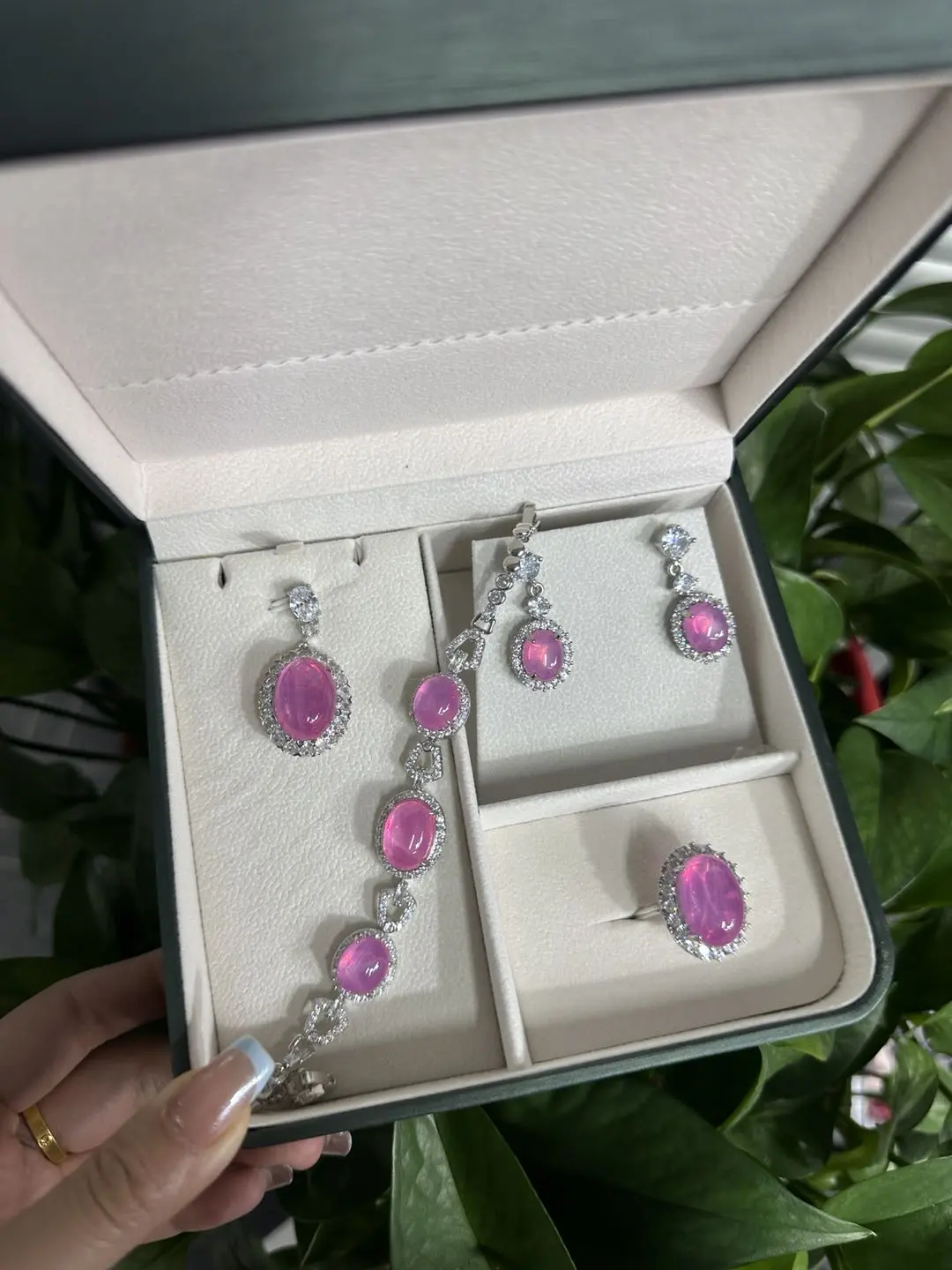JYY Pink Ruby Rose (11244) Natural Crystal Jewelry Set for Adults, GC.Pink Ruby Set Gemstone Accessories