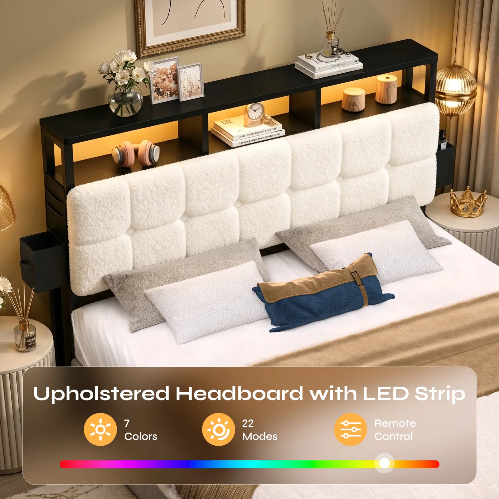 Elegant Upholstered Headboard - Black PU Leather and Off-White Teddy Fleece, Button-Tufted Design, 7-Color LED Strip with 22 Modes and Remote Control, Type-C Port, USB Port, 2 AC Outlets