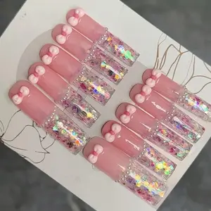 3D Pink Rhinestone Gel Press On Nails with Colorful Glitter and Bow Design for Stylish Nail Art