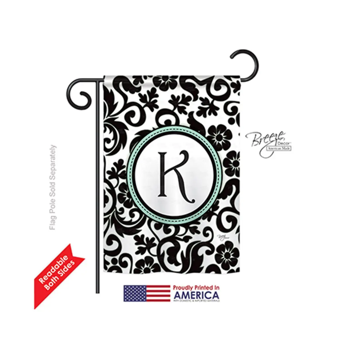 Breeze Decor 80063 Damask K Monogram 2-Sided Impression Garden Flag - 13 x 18.5 in.