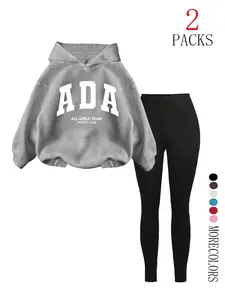 Women's Ada Letter Print Fleece Sweatshirt Set, Long Sleeve Top & High Waist Pants, Casual Fall Winter Warm