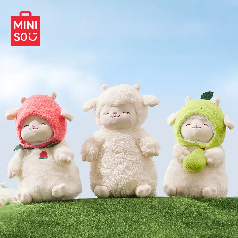 MINISO Adorable Sheep Series Standing Lamb Cartoon Character Plush - Lucky with Pear, Ultra-Soft Woolly Companion, Universal Whimsy and Sweetness Collectible Home Ornaments Figurines, Mom Gift #Summervibes