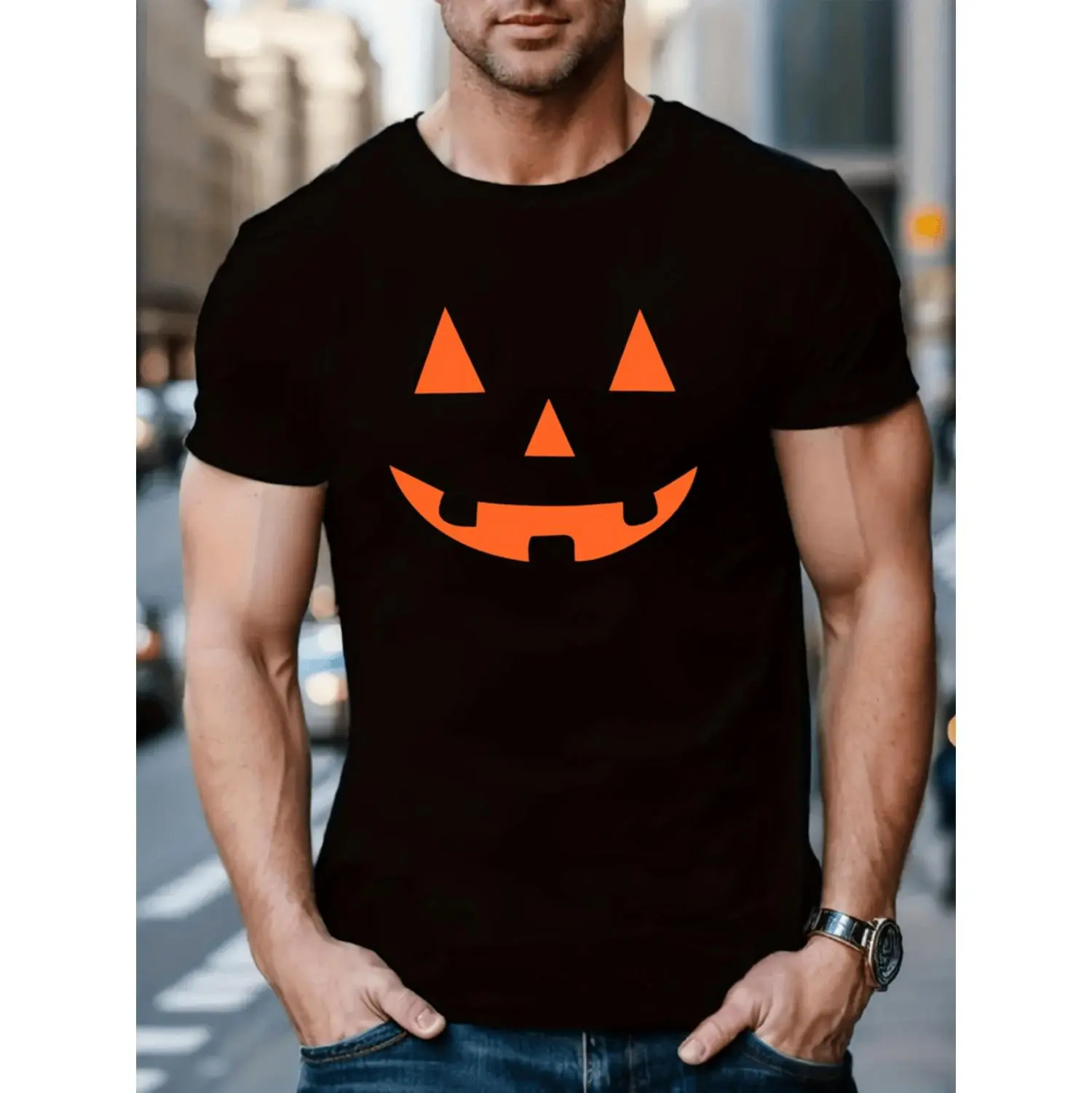 Women's Halloween Pumpkin Print T-Shirt, Casual Crew Neck Short-Sleeve Top, 100% Polyester Knit Fabric, Slight Stretch, Regular Fit, Summer Street Style Tee