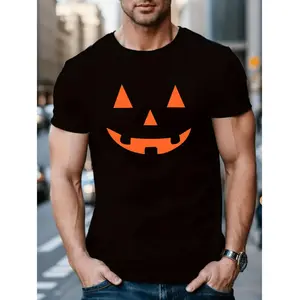 Women's Halloween Pumpkin Print T-Shirt, Casual Crew Neck Short-Sleeve Top, 100% Polyester Knit Fabric, Slight Stretch, Regular Fit, Summer Street Style Tee