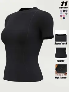 Women's Summer Short Sleeve, Basic Fitness Tee, Casual Sporty T-Shirt, Breathable Tight Fit Running Yoga Top, Gym Top, Plain Design