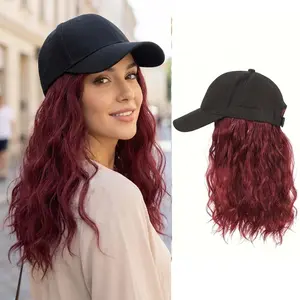 Burgundy Wavy Hair Baseball Cap Wig, Medium Length Synthetic Hair Hat for Women No Fuss All-in-One Wig Cap, Burgundy Water Wave Curly Hair Baseball Cap, Trendy & Flattering Style