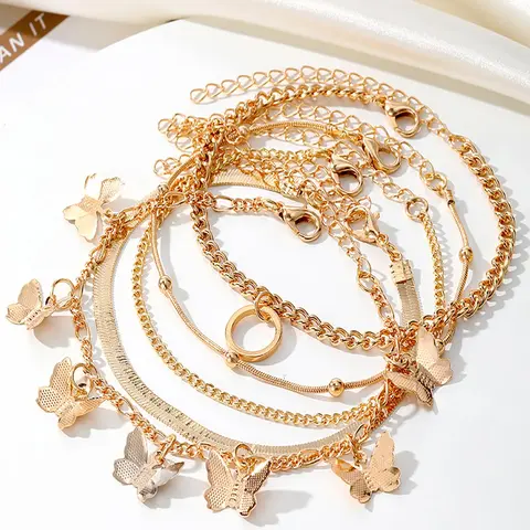 Butterfly Design Charm Bracelet Set, 5pcs/set Minimalist Chain Design Stack Bracelet Set, Streetwear Matching Jewelry, Layered Bracelet Set, Layering Jewelry, Accessories for Women, Stackable Bracelet, Adjustable, Bracelet With Charms, Bracelets Stack