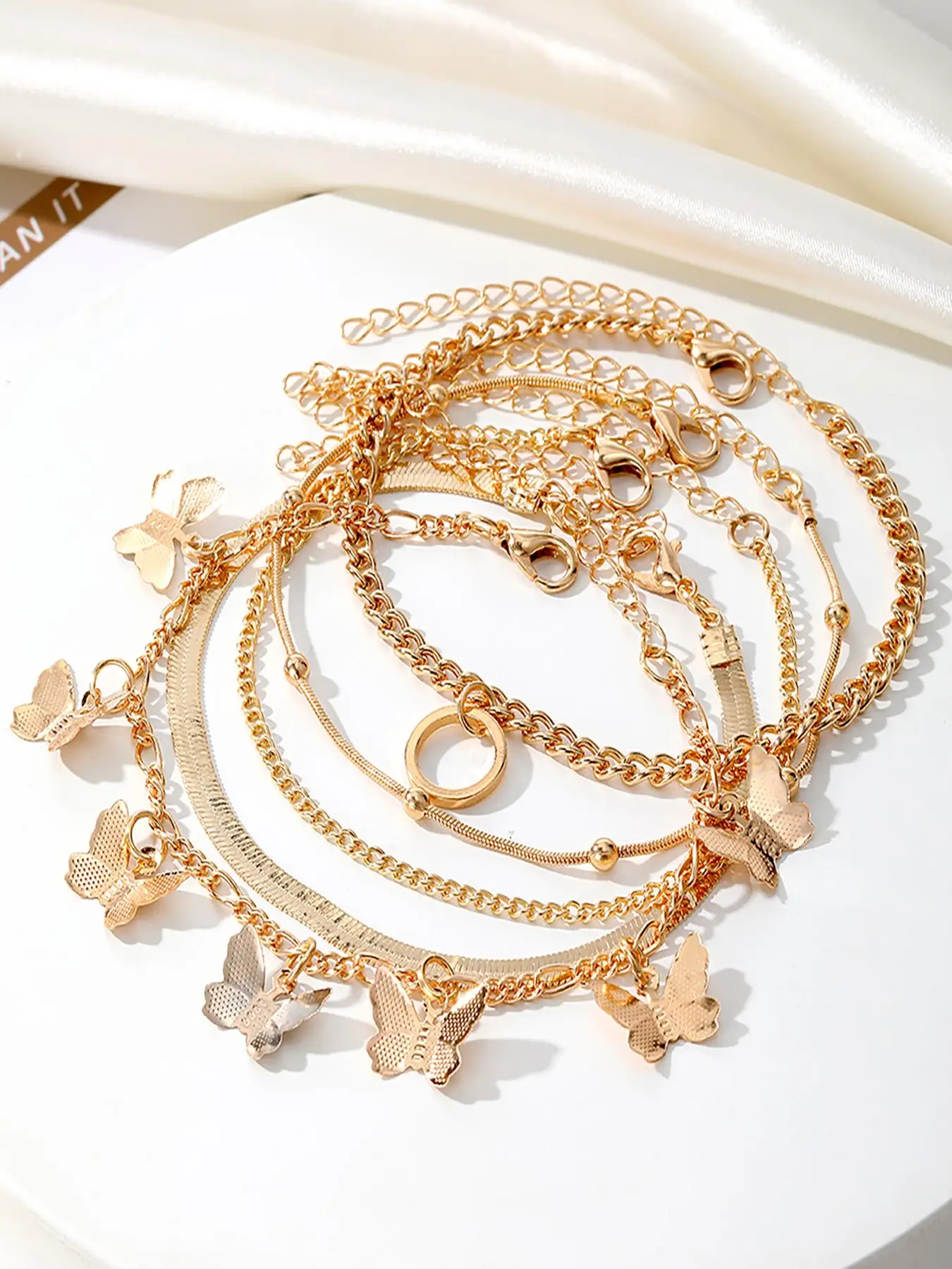 Elegant Butterfly Design Charm Bracelet Bundles Kit, 5pcs/set Minimalist Plain Chain Design Stack Bracelet Set, Streetwear Matching Jewelry, Fashion A