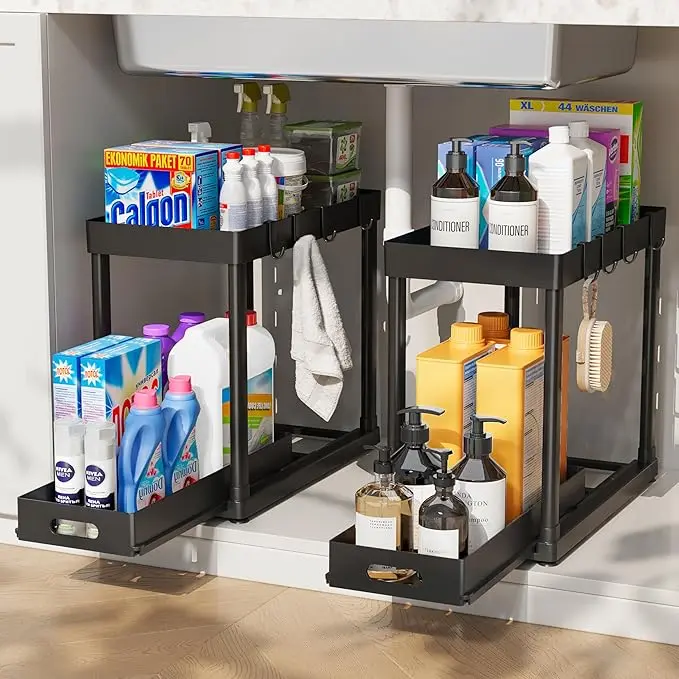 2PC Black 2-Tier Sliding Under Sink Organizer Rack with Drawer & 4 Hooks, Multi-Purpose Storage for Bathroom & Kitchen