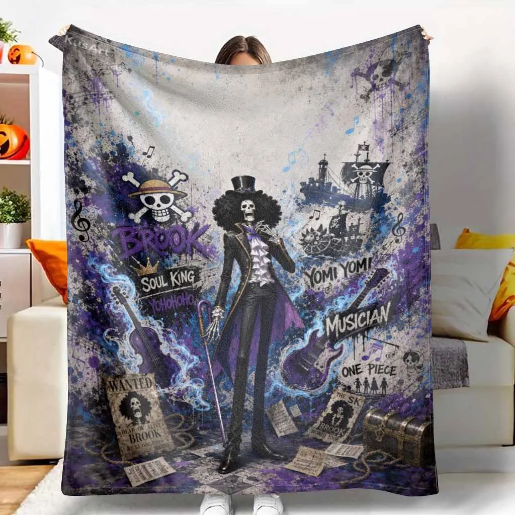 Anime Pirate Musician Flannel Blanket Skull Ship Guitar Violin Graffiti Print Ultra Soft Warm Lightweight Cozy Throw for Sofa Bed Dorm Music Fans Gift