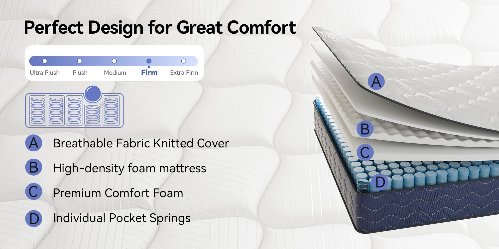 8/10/12/14" Hybrid Mattress - Medium Firm Memory Foam & Individually Pocketed Coils Ergonomic Lumbar Support for Back Pain Relief Silent Motion Isolation Bed in a Box Queen/Full/Twin Size