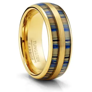 Men's Black Tungsten Ring Wedding Band Goldtone Blue Zebra Bamboo Wood Inlay 8MM Comfort-Fit