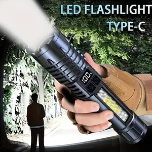 Rechargeable Xhp50 LED Flashlight, USB Charging, 5 Modes, Adjustable Focus, Digital Display, Ideal for Camping, Fishing, Hunting, High Lumens Flashlight