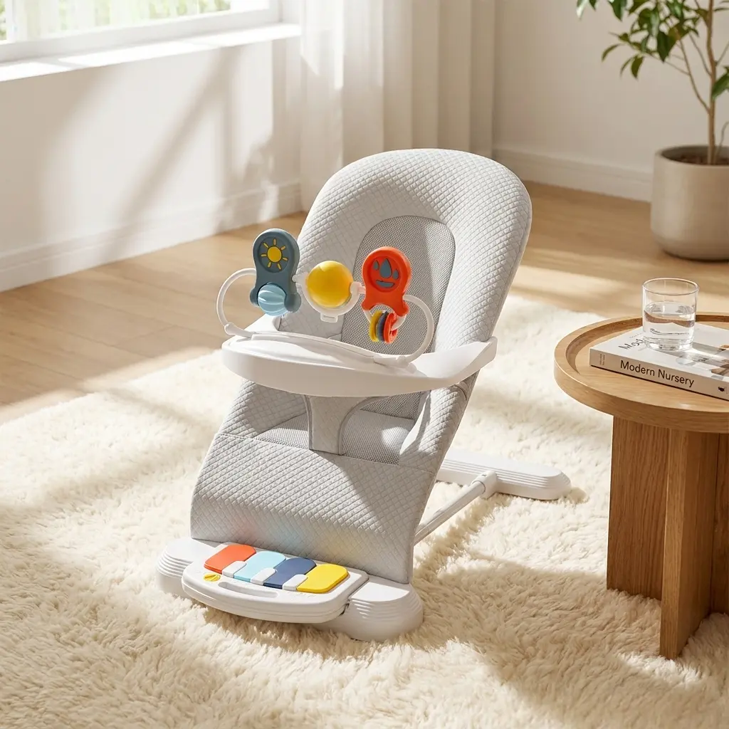 Baby Bouncer 4-in-1 Design with Music Panel & Kick Piano, 3 Adjustable Recline (15°/30°/60°), Foldable, Baby-Safe Skin-Friendly Fabric & Removable Feeding Tray