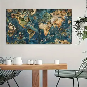 Vintage World Map Canvas Poster - 23.6"x47.2" Frameless Wall Art with Detailed Nautical Illustrations, Perfect for Living Room or Bedroom Decor, Large Canvas Wall Art, 2D Flat, Perfect for Room Decor