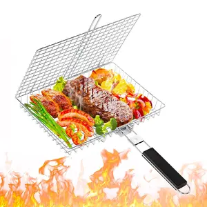 Outdoor BBQ Fish Basket, Stainless Steel Grill Vegetable Rack, Detachable Wood Handle, Perfect for Meat, Steak, Veggies & Seafood