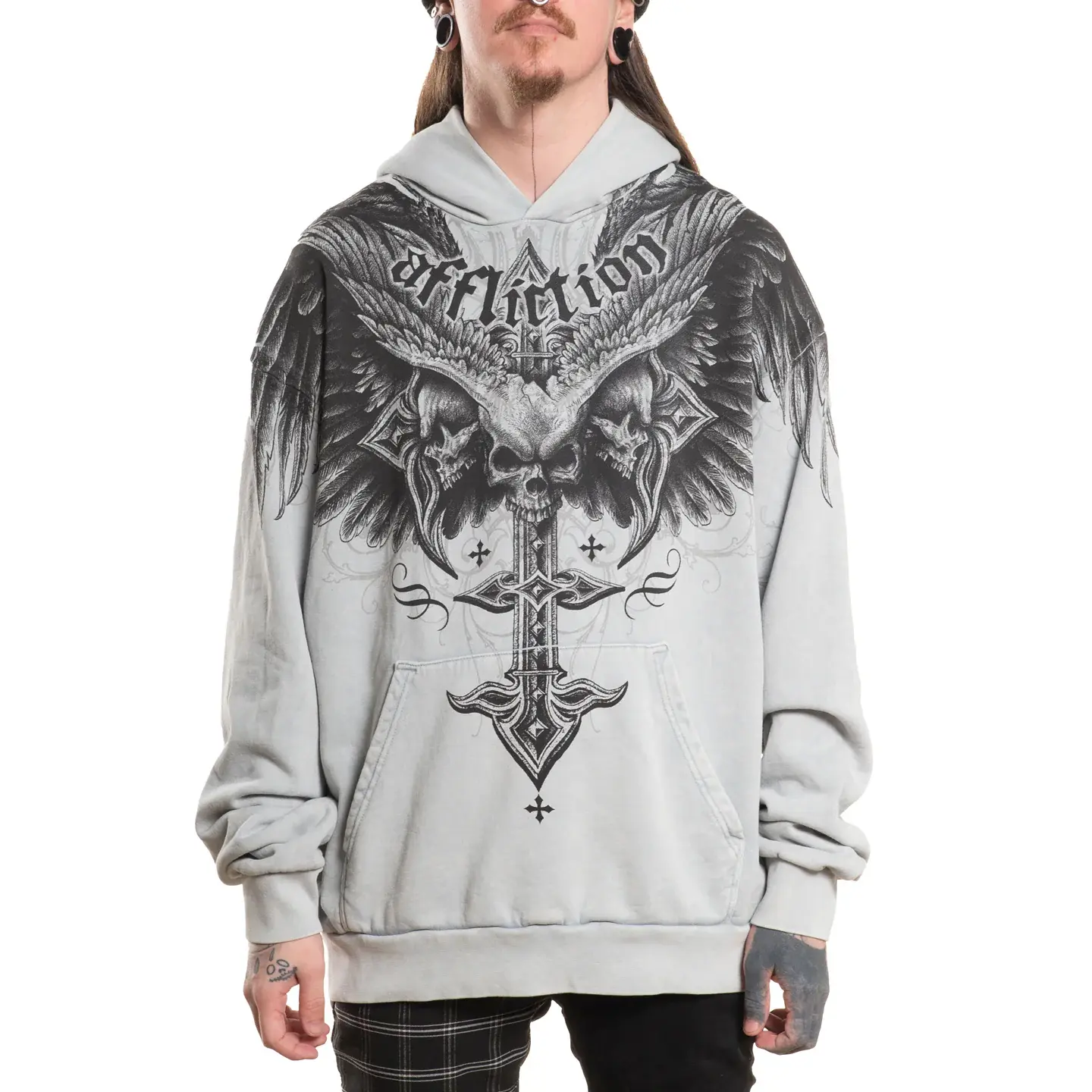 Affliction Men's Death Eyes Graphic Pullover Hoodie, 100% Cotton Long Sleeve Sweatshirt in Silver Lava Wash, Sweatshirts, Longsleeves, Tops, 2000S Aesthetic, 90S Grunge, Angry Eyes Print Men's Hoodies, 2000S-Inspired Men's Hoodies