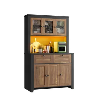 Garvee Pantry Cabinet with  Charging Station, Farmhouse Kitchen Pantry Storage Cabinet with Countertop, Large Kitchen Hutch with Storage Drawers and Adjustable Shelves & Water Ripple Design for Dining Room,