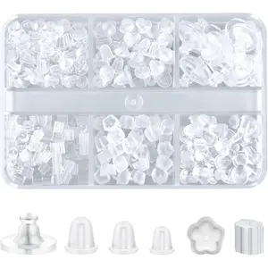 6 Styles Silicone Earring Backs, 600 Clear Soft Hypoallergenic Plastic Rubber Earring Backs Clutch Stoppers Kits for Fish Hook Hoops