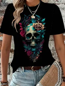 Women's Floral & Skull Print Round Neck Tee, Fashion Casual Short Sleeve T-shirt Top for Daily Holiday Vacation Outdoor Wear, Ladies Clothes for Summer