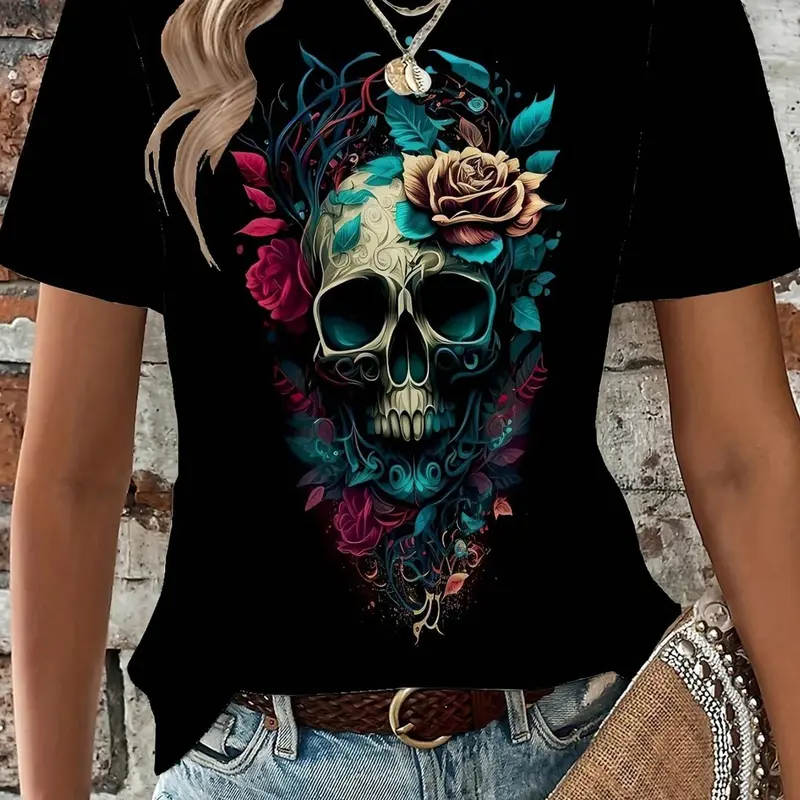 Women's Floral & Skull Print Round Neck Tee, Aesthetic Graphic Tee, Fashion Casual Short Sleeve T-shirt for Daily Holiday Vacation Outdoor Wear, Ladies Clothes for Summer