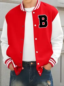Men's Letter Print Baseball Collar Varsity Jacket, Loose Casual Street Long Sleeve Button Front Outerwear for Fall & Winter, Men's Clothes for Daily Wear, Coats