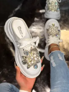 Women's Fashion Casual Slippers, Artificial Pearl Rhinestone Decor, One-Step Design, Perfect for Various Daily