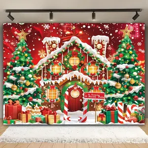 Christmas Photo Backdrop with Gingerbread House, Large Christmas Tree, Colorful Gifts, and Red Celebration Elements - Polyester Material for Living Room, Outdoor Decor, and Photography - Universal