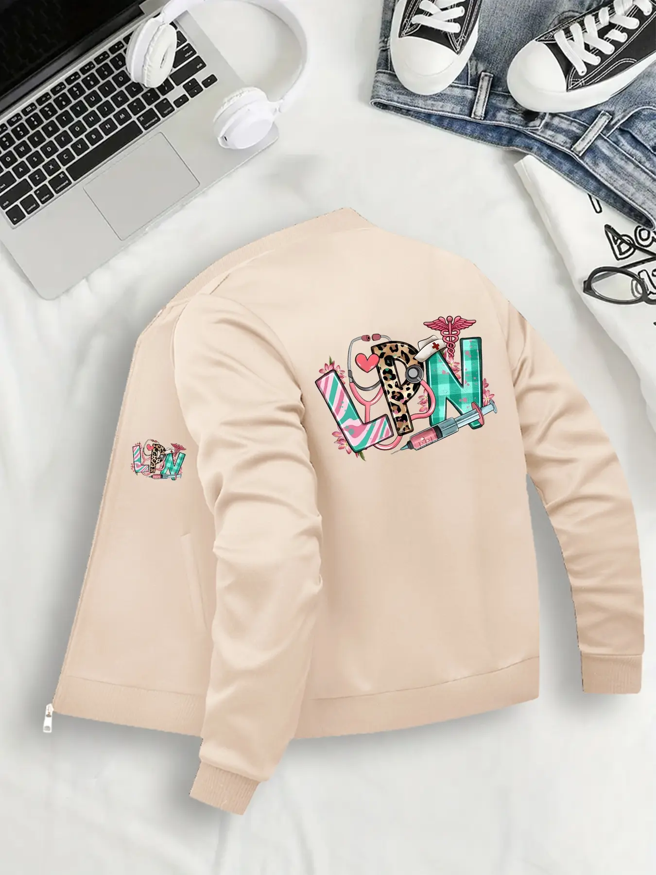 Women's Casual Fitted Jacket, Coats, Lpn Graphic Pattern, Baseball Collar, Zipper Closure, Pockets, All Seasons, Womenswear, Sizes S to Xxl, Outerwear, Style