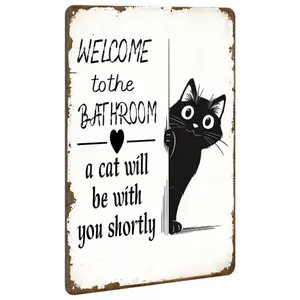 Rustic Bathroom Decor - Black Cat"Welcome To The Bathroom A Cat Will Be with You" Funny Bathroom Wall Decor Metal Aluminum Plaque 12x8 Inches Bathroom Sign Decorative Plaque For Girls' Bathroom Decor Room Decor Home Decor Gift for Girls