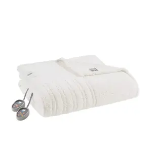 Queen Faux Shearling Electric Blanket Ivory: True North by Sleep Philosophy, Machine Washable