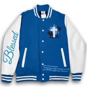 Blessed Brand Letterman Light Blue, leather sleeves, heavyweight jacket, embroidery design, varsity jacket, unisex jacket, winter gift, winter clothing, christian clothing, christian apparel   