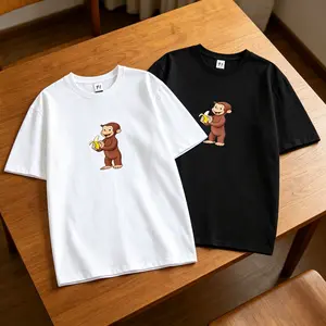 Curious George Banana Print T-Shirt, Classic Cartoon Monkey Graphic Tee, 100% Cotton Comfortable Top, Short Sleeve Crew Neck, Great for Fans of Curious George, Suitable for Everyday Casual Outfits and Matching Looks.