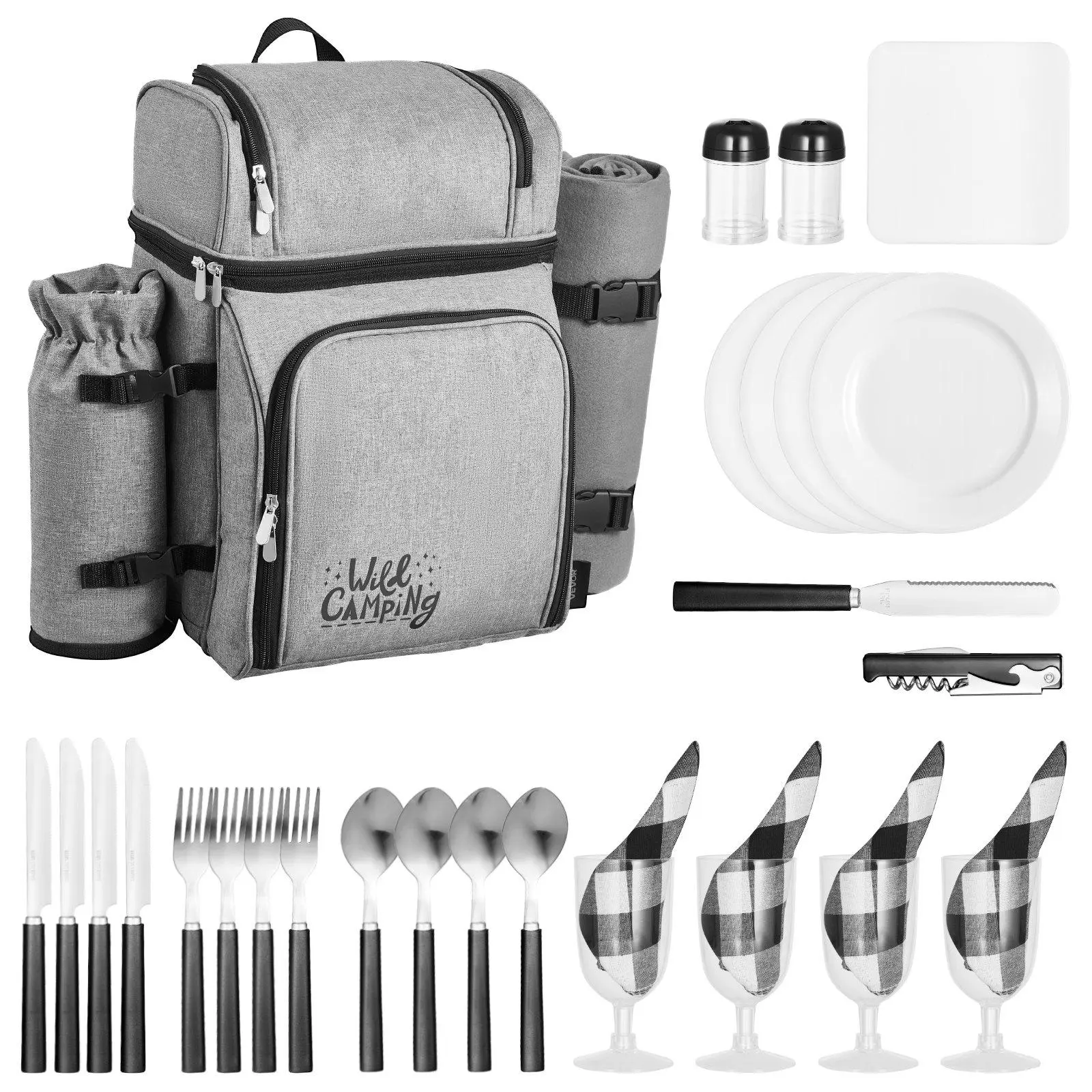 4-Person Picnic Backpack, All-In-One Outdoor Picnic Bag with Insulated Cooler Compartment, Detachable Bottle & Wine Holder, Lightweight Blanket, Complete Plates and Cutlery Set, 600D Oxford Portable Backpack for Hiking Camping Beach​