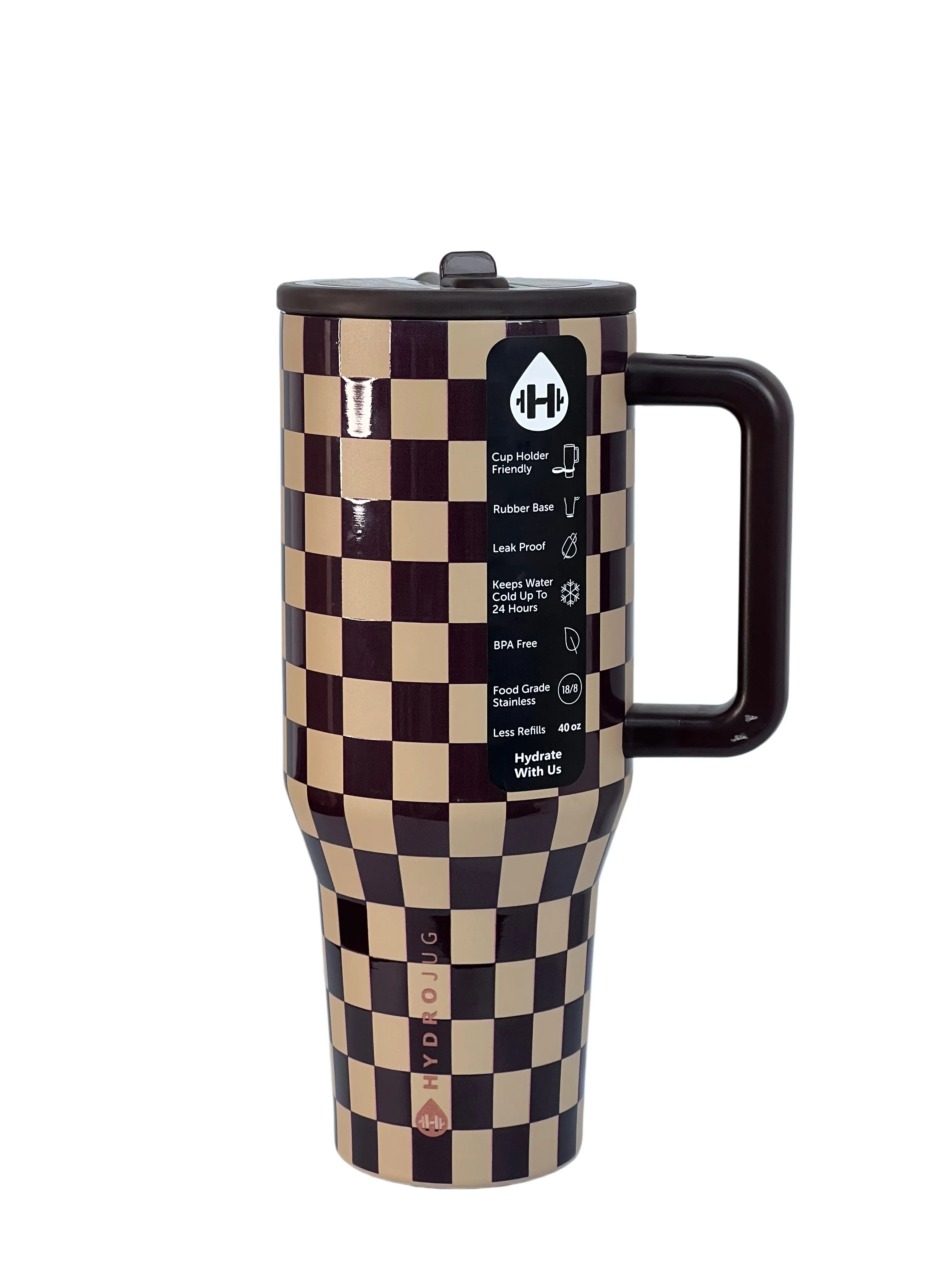 HydroJug 40oz Traveler Stainless Steel Sports Water Bottle with Coffee Checkerboard Print, Ergonomic Handle, Large Capacity BPA-Free Water Jug for Fitness, Outdoor, Sports and Daily Casual Use