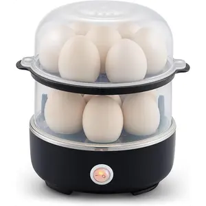 Easy Egg Cooker, Stainless-steel Heating Plate, Two-Tiered, 14-Egg Capacity, Soft, Medium, Hard-Boiled, Auto Shut-Off, Omelets, Poached Eggs, Measuring Cup, Piercing Pin, Black