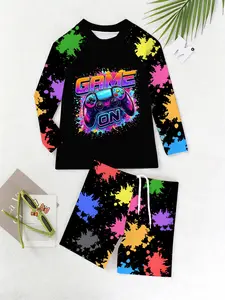 Boys Game Theme Swimwear Set, Swimsuit, Gaming Controller Print, Colorful Ink Blotting, Trendy Video Game Elements, Summer Beach Pool Play