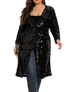 610 - Long Sleeves Full Sequins Open Front Duster Cardigan Cover-up Jacket Coat Womenswear Day Black