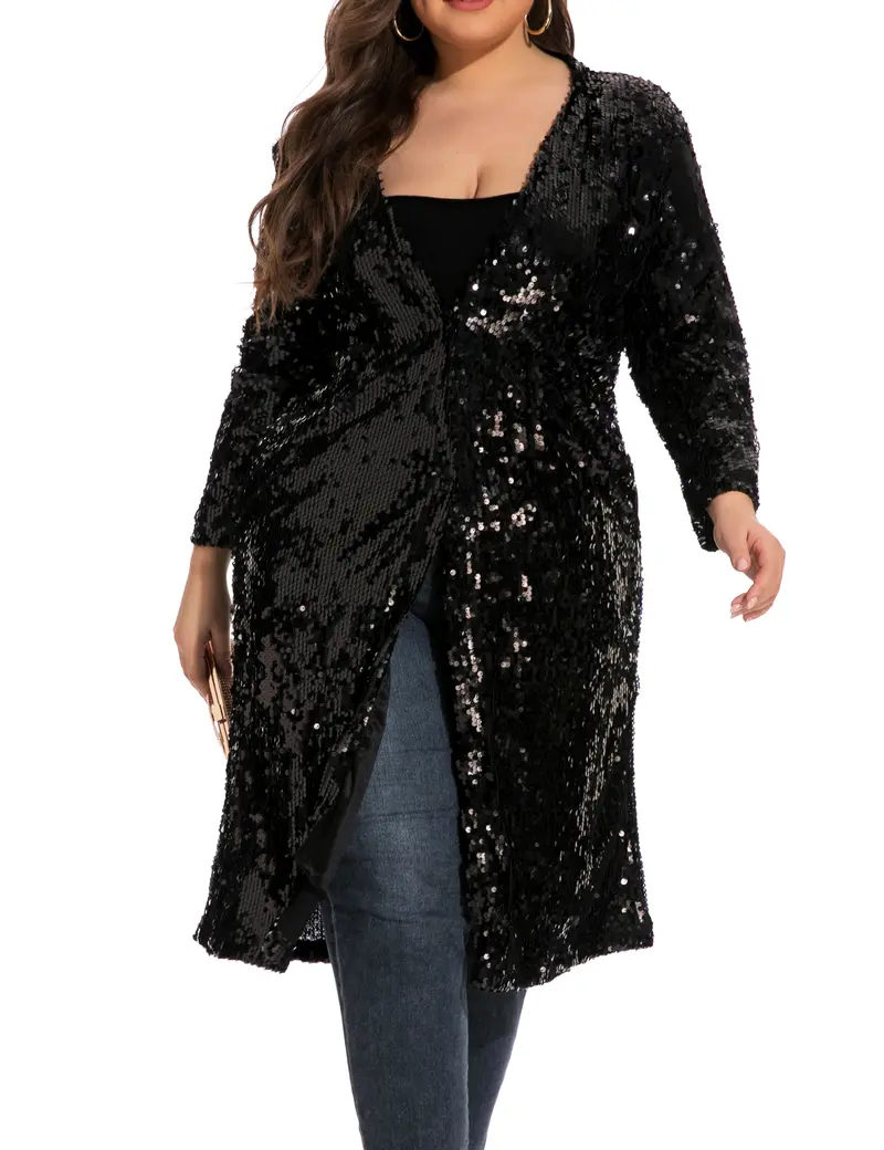 610 - Long Sleeves Full Sequins Open Front Duster Cardigan Cover-up Jacket Coat Womenswear Day Black