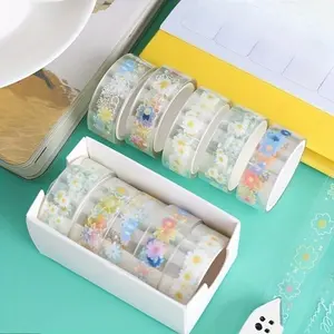 5 Rolls Transparent Decorative Tape, PET Waterproof Self-Adhesive Flower Daisy Pattern Decorative Masking Sticker, Clear Tape For DIY Scrapbooking, Crafts, Gift Wrapping, Easter Handwork, Decorative Stickers