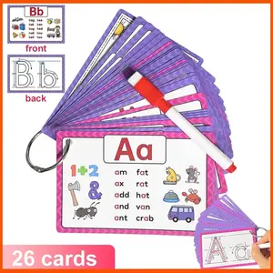 26 Letter Phonics Vocabulary Flashcards Set with Reusable Pen, Cvc Word Learning Aid, Abc Writing Practice for Kids, Educational Paper Toy for Home Schooling