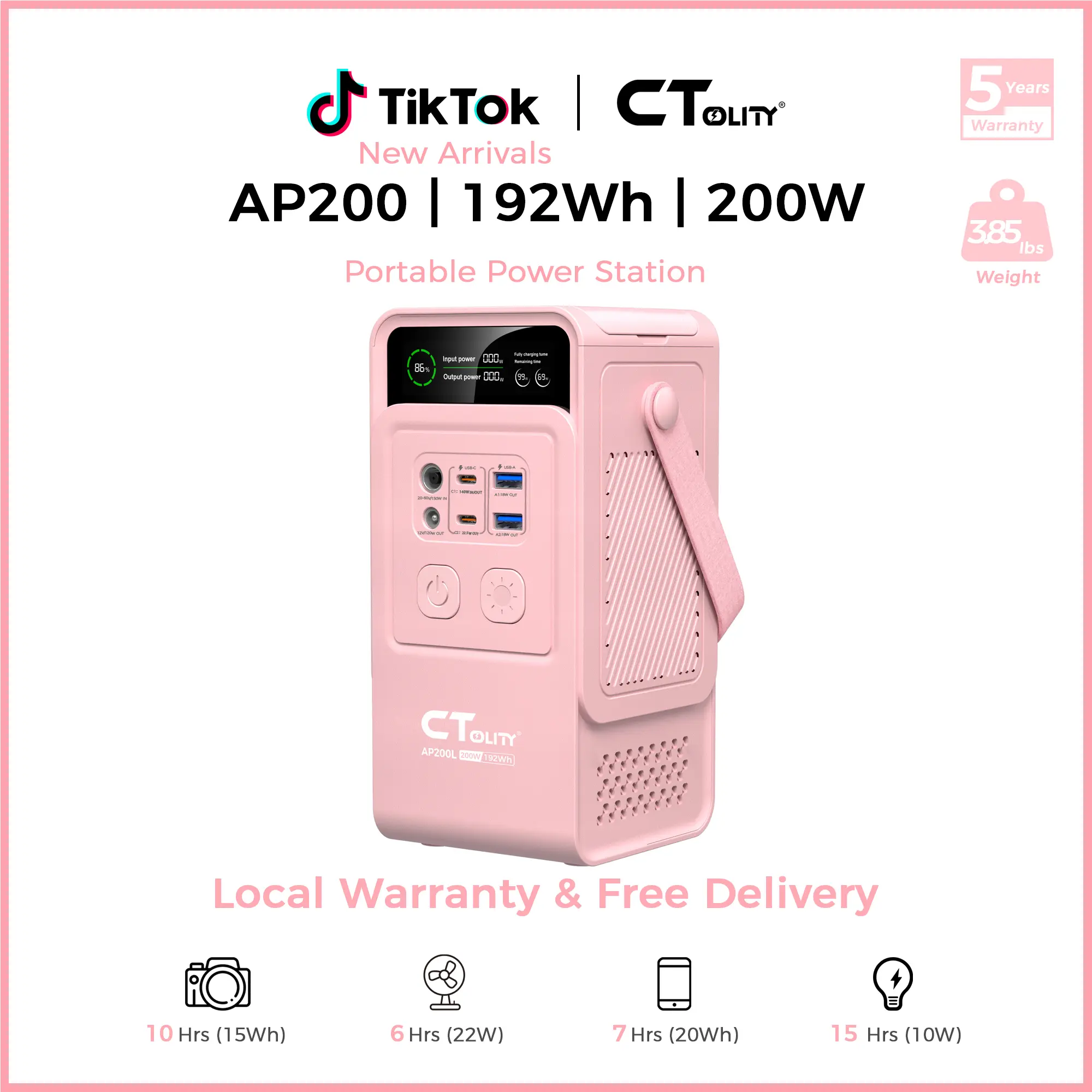 [Summerfinds]CTOLITY AP200 Portable Power Bank 192Wh 200W LiFePO4 Battery 4000+ Cycle 140W Fast Charging  LED DC Solar 150W