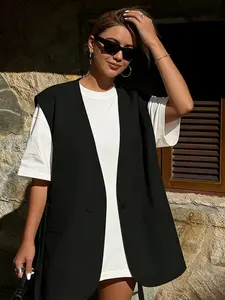 A light and mature black sleeveless suit vest, fashionable, loose and slimming, versatile and layered vest jacket, suitable for all seasons, suitable for home, indoor and outdoor wear