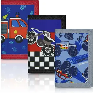 X-KWL05  3 Packs Kids Wallet Bulk, Mini Trifold Coin Purse Cartoon Wallet, RFID Blocking Wallet, Front Pocket Wallet with Zipper for Kids, Canvas Outdoor Sports Wallets with Magic Sticker - Cars