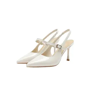Plus Size 34 42 Slip On High Heeled Shoes Open Back Stiletto Heel French Fashion Shallow Pointed Toe Patent Leather Sandals